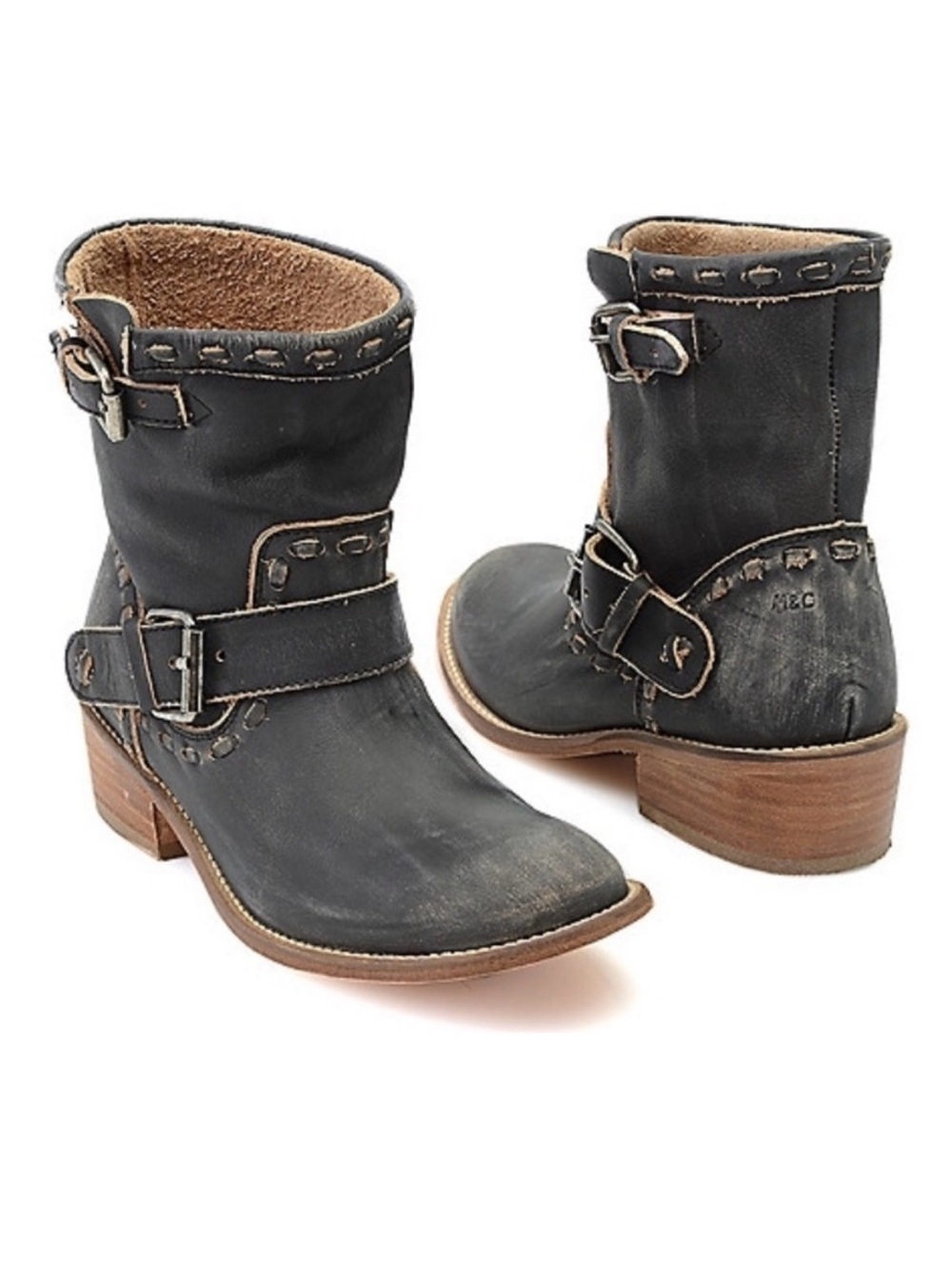 Musse & Cloud Black Leather Distressed Ankle Booties with Buckle Accents, Size 9